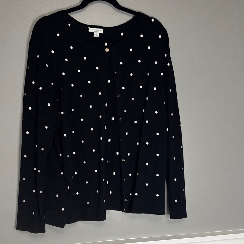 Charter Club Black Button Down Shirt with White Polka Dots
